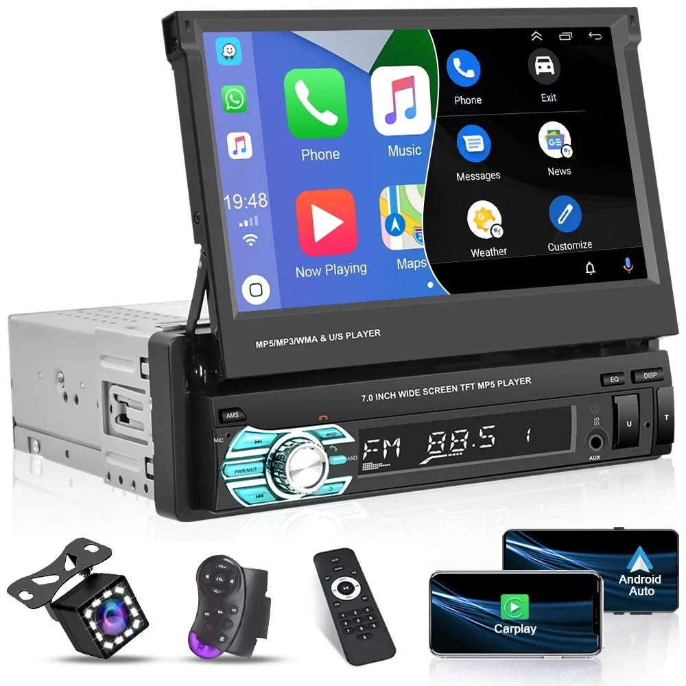 Single FM 7" Backup Carplay Touchscreen Bluetooth Player Radio HD DIN Car Apple Video Function, Retractable Podofo Universal 12 Auto Android Link 1 Camera LED Auto Mirror with Stereo