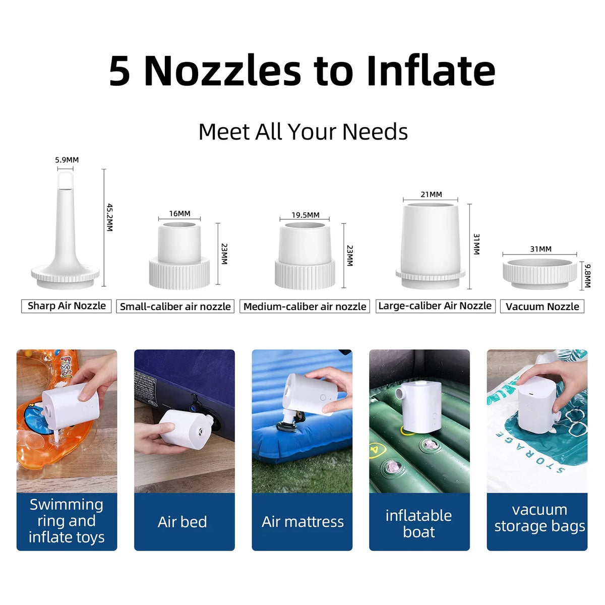 Deflator Air Ring Quick Pool Pumps Nozzles with 2500mAh Inflatables Swimming Inflator Air Pump Air for CACAGOO Battery Pump with USB Mattress Air Electric 5 Bed Toy