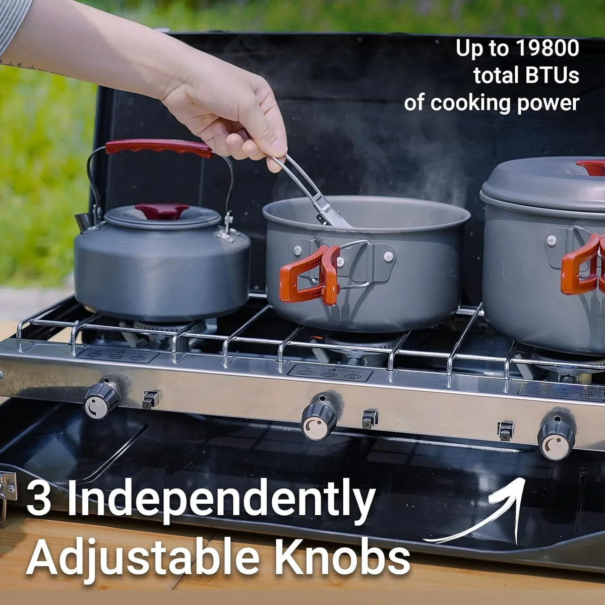 Push-Button Adjustable Camp Grill, and Ignition, 3-Burner 3 Camping Handle with Built-in Propane Portable Carrying Stove Stove 19800 Burners Camping BTUs, Portable Instant