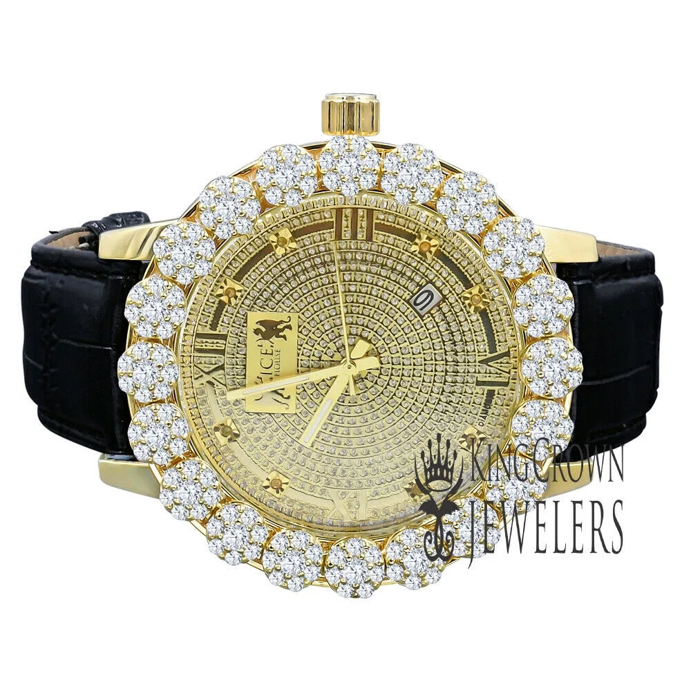 Face Watch Khronos Diamond W/Date Dial Bezel Wrist Leather Mens Gold Flower Tone Roman Genuine Genuine