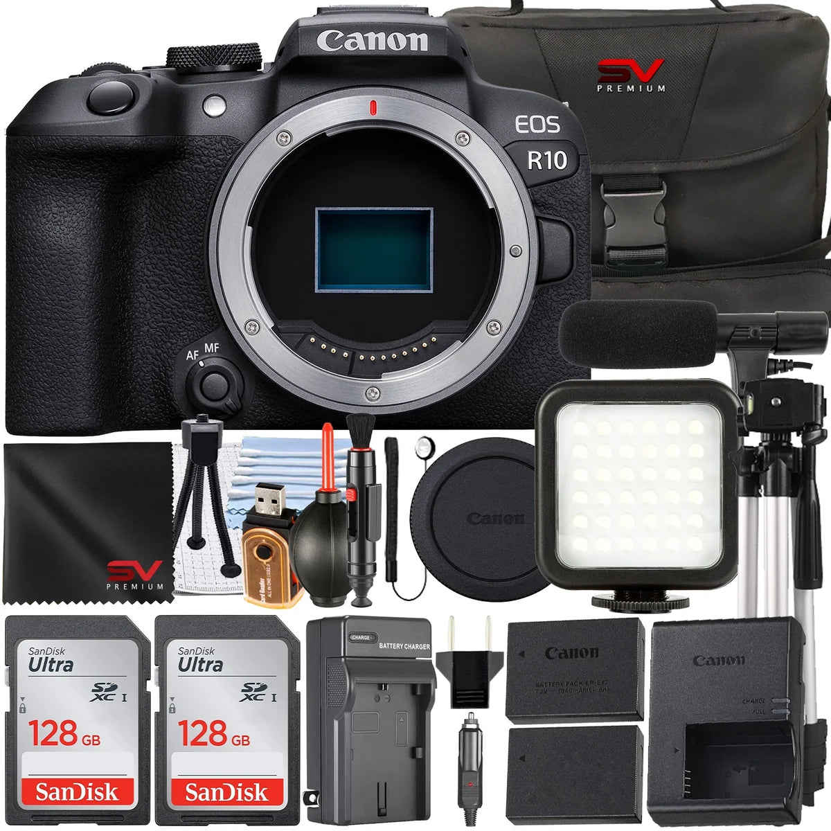 SanDisk 128GB (Body Card + EOS Flash Only) Case + Camera Bundle LED Mirrorless Canon Accessory with Memory Pack R10 Premium + 2 SV
