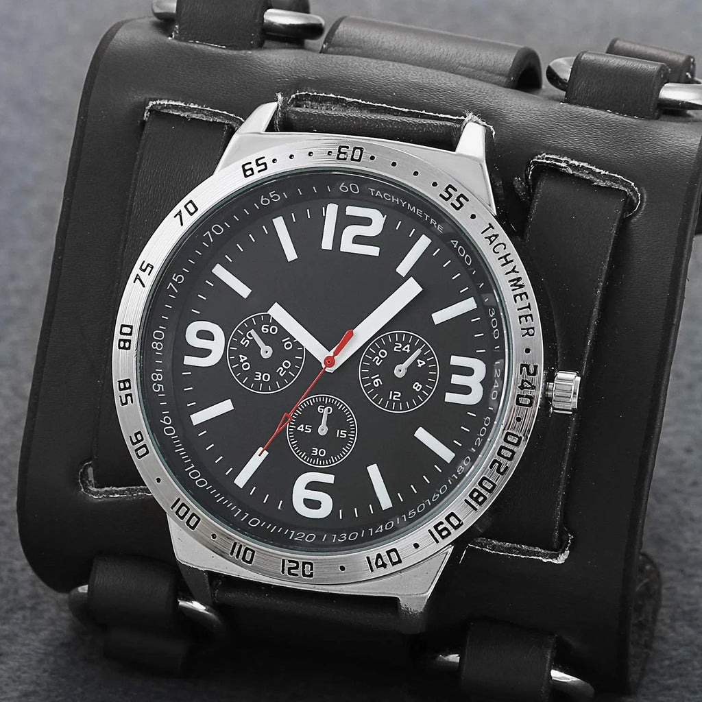 Leather Sport Watch Quartz Hip-hop Retro Costume Wide Watches Dial Mens Watch Wrist Cuff Big Replaceable Japan Halloween for Steampunk Genuine Bracelet Military Black Gothic
