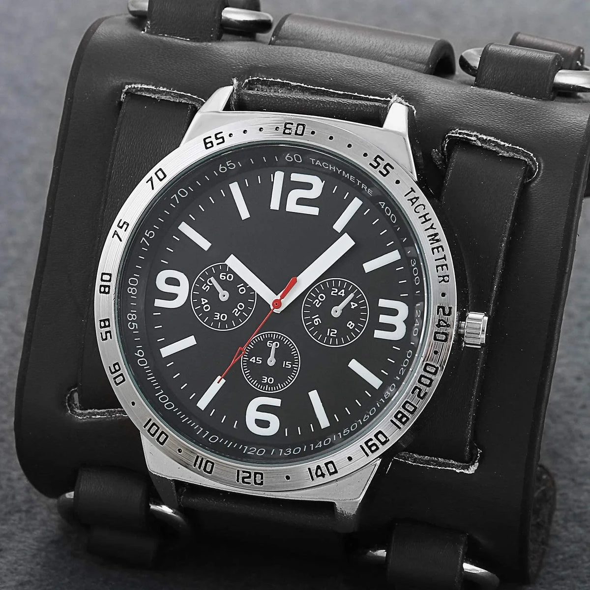 Leather Sport Watch Quartz Hip-hop Retro Costume Wide Watches Dial Mens Watch Wrist Cuff Big Replaceable Japan Halloween for Steampunk Genuine Bracelet Military Black Gothic