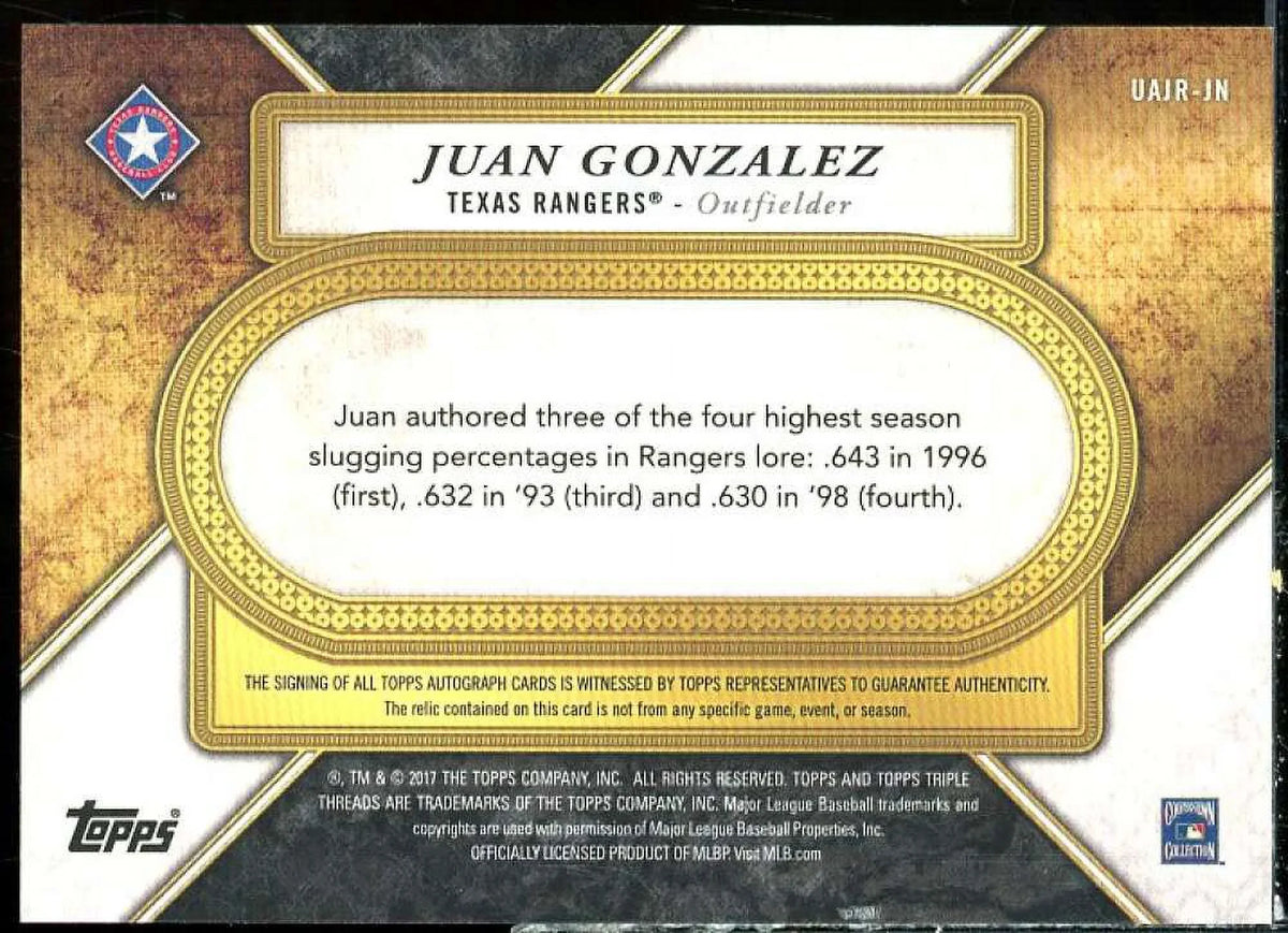 Juan Silver Jumbo Triple Gonzalez 2017 Relic Autographs #UAJRJN Threads Unity