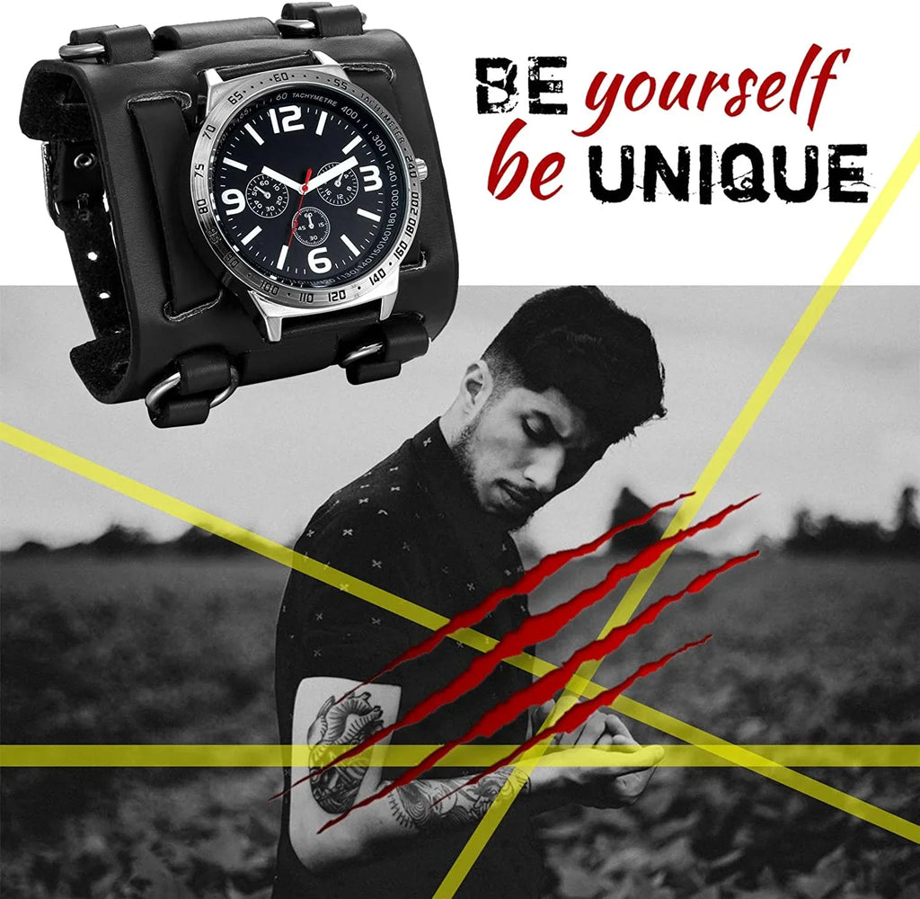 Leather Sport Watch Quartz Hip-hop Retro Costume Wide Watches Dial Mens Watch Wrist Cuff Big Replaceable Japan Halloween for Steampunk Genuine Bracelet Military Black Gothic