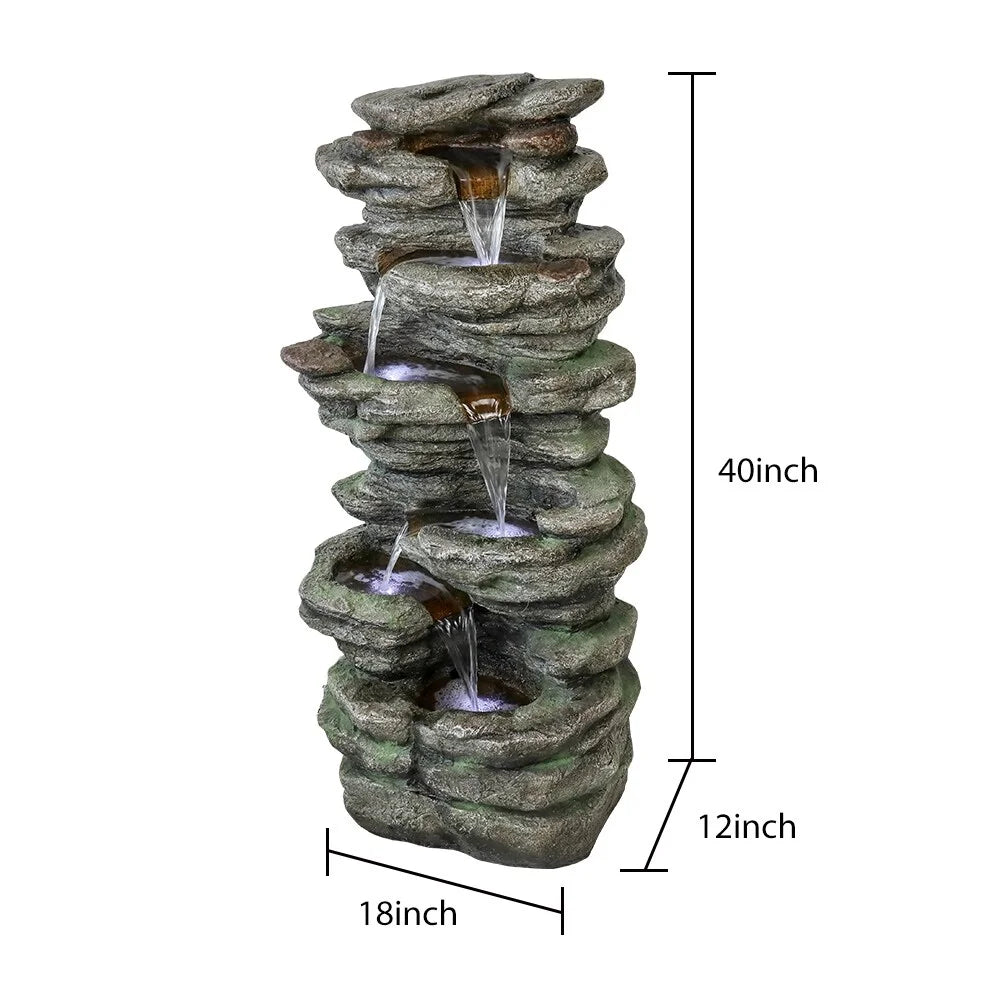 Water Fountain Patio Decor Outdoor 40''H Natural Meedzom Floor for Lighted Garden Polyresin LED Fountain