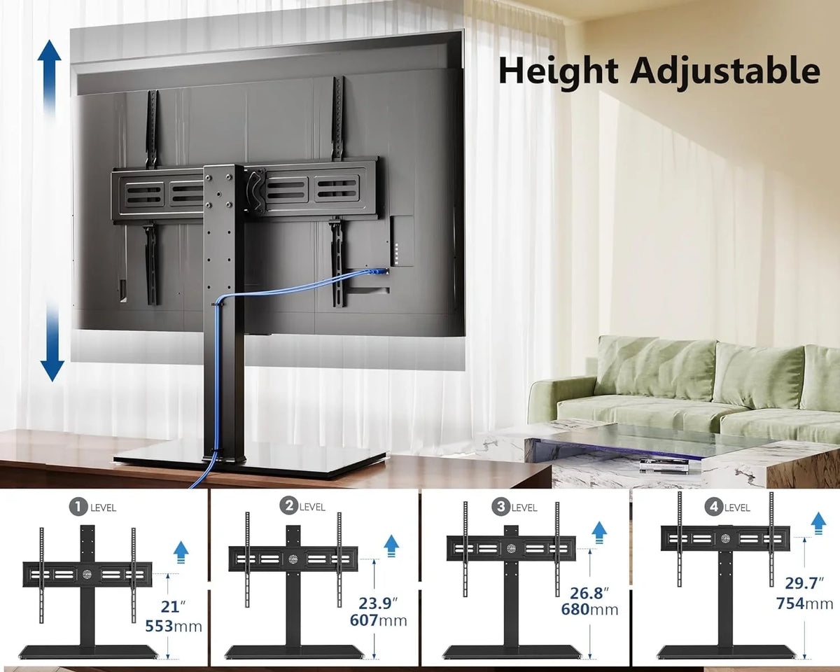 up with 50 Base TV Adjustable Universal Flat Tabletop Swivel Height 143 Stand Degree 100 TV 4 85 Tempered Mount Level TV inch for Holds Stand/Base Swivel Glass to to lb Screen HBBOOMLIFE