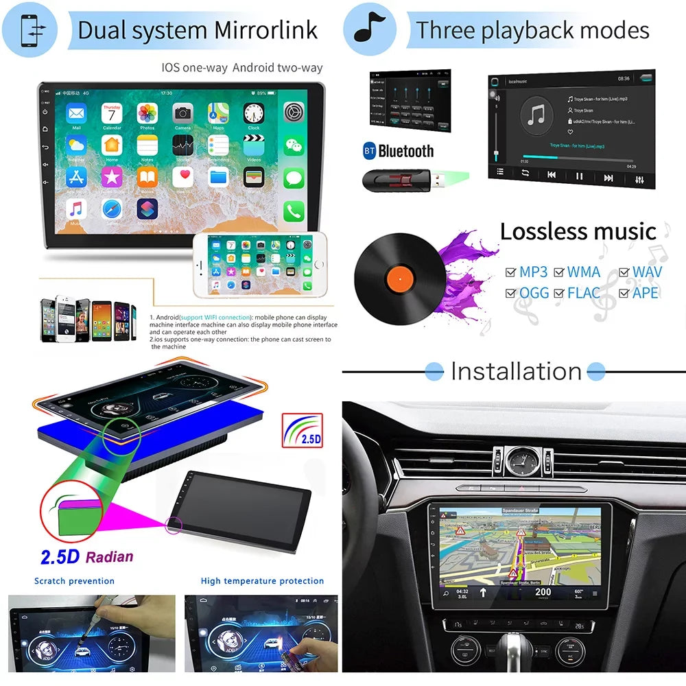 Link inch Din Rear Radio View Stereo Car Mirror Player 11 MP5 Car with Double Touch 10 Screen Car HD Android Podofo Bluetooth AHD GPS 10.1 inch Camera