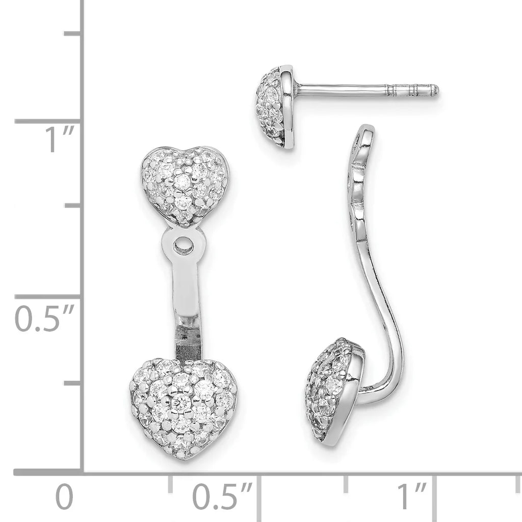 Rhodium-plated Silver CZ Primal Earrings with Post Jacket Silver Sterling Heart