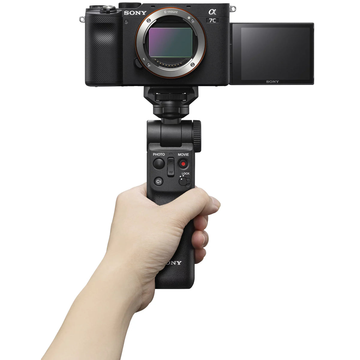 Camera Mirrorless Lens Full Bag Interchangeable Accessories Grip a7C 2 w. Battery Remote Black GP-VPT2BT Bundle Vlogger Frame & Sony ILCE7C/B Wireless Body with Deco Shooting + Kit Gear + Only ACCVC1