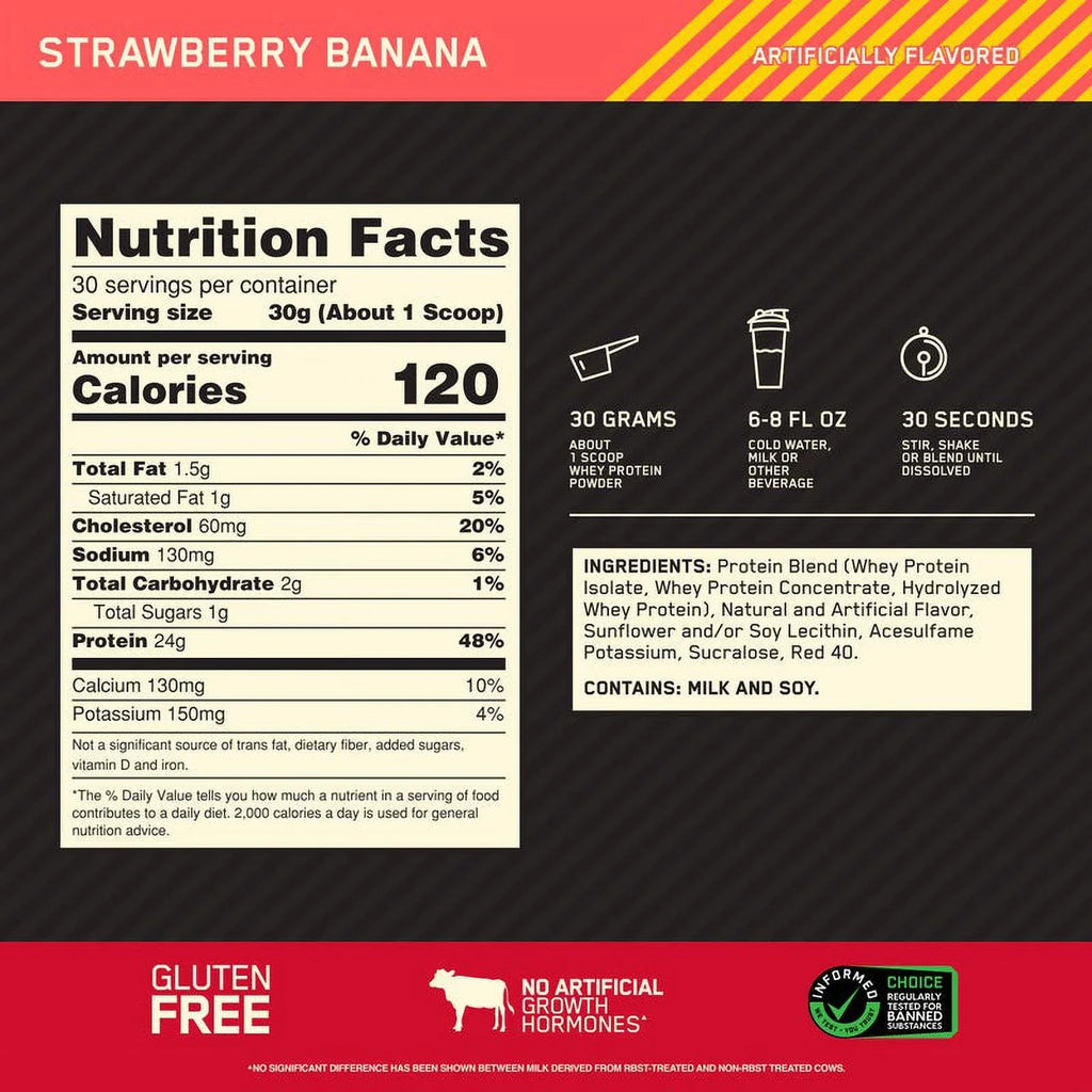 Servings Whey g 2 100% Standard Powder, lb, Banana, Nutrition, Protein Optimum Protein, Gold Strawberry 30 24