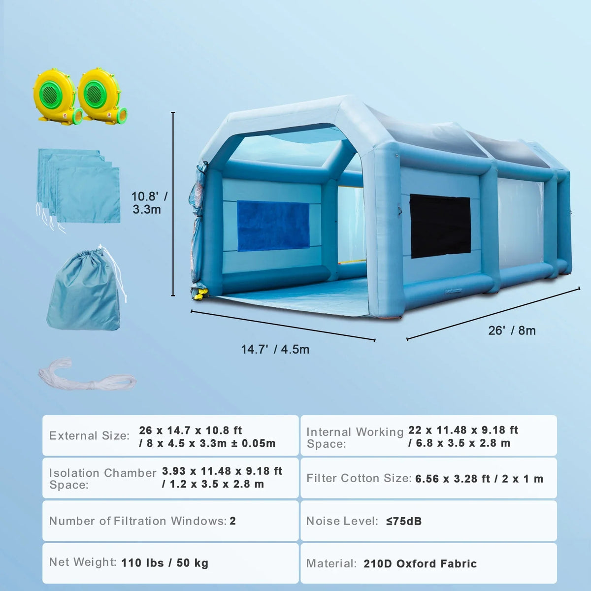 Booth Spray Paint Paint System 750W+950W Inflatable SKYSHALO with Car Filter Inflatable Booth Blower 26x15x11ft Tent