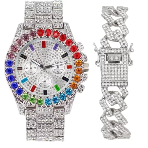 on Out Sets Mens or Out Iced Bracelets Flame Rainbow Set. with Collection Charles Blinged Out (ST10327CO-ZZ Blast Single SLV) Combo Color Colourful Watch Iced Raymond