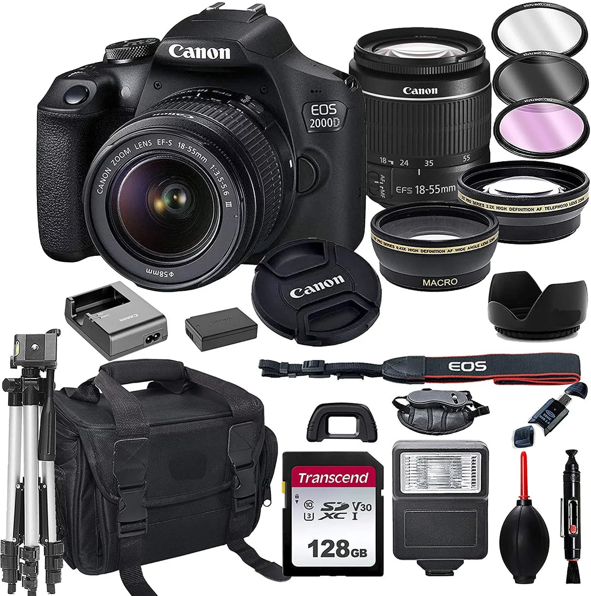 18-55mm with DSLR Zoom Lens 20pc f/3.5-5.6 EOS Tripod, 128GB Card, Canon 2000D Bundle More Camera and + Flash,