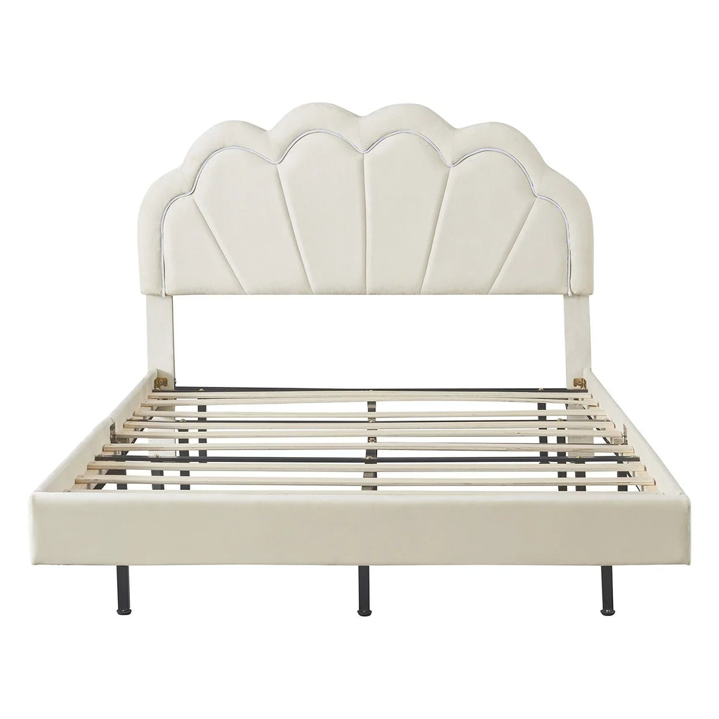 Platform Wooden with Beige Full LED Slats Bed Smart Size Support