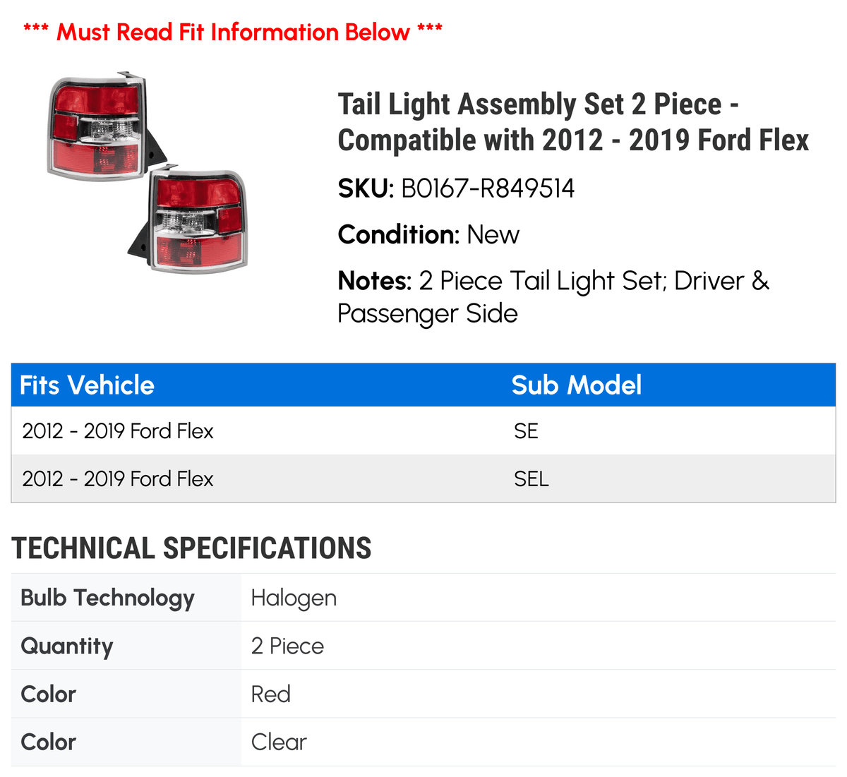'- Flex Piece Set 2014 Light Tail 2018 - with 2017 2016 2012 2019 2 2013 Compatible Assembly Ford 2015