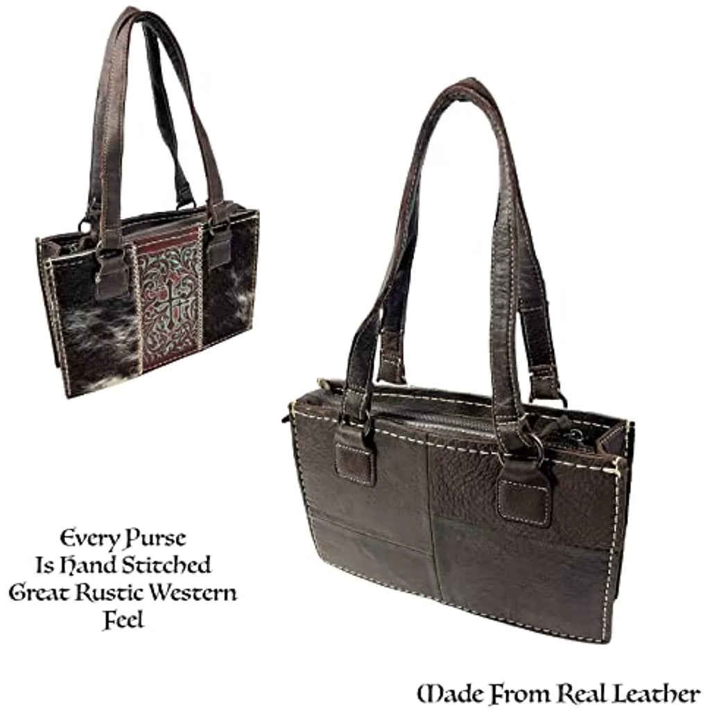 Brown) Dark Purse Urbalabs Genuine for Leather Women Brown Shoulder Over with the Western Stitched Tote Purses In Hand Zipper Crosses Bag Handbag Tooled (Dark Western CowHair