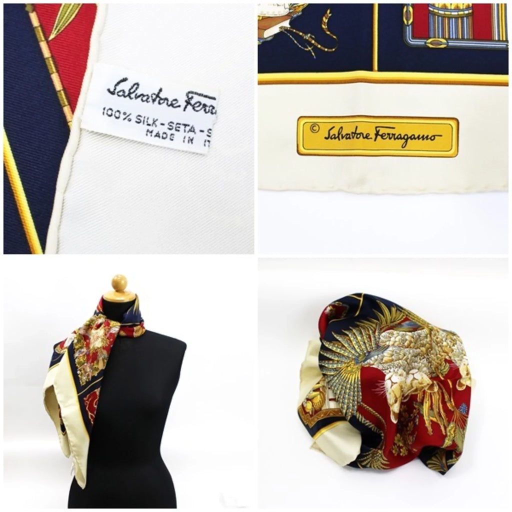FERRAGAMO leopard print plant SALVATORE × Pre-Owned silk Ferragamo ivory pattern ladies navy muffler (Good) animal and scarf Salvatore