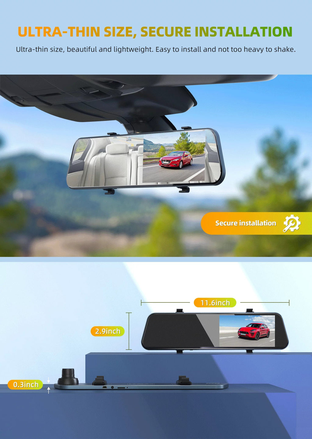 HD Dash Touch Parking 5'' Mirror G-Sensor, Monitor, Rear and Dual Parking Screen Recording, Mirror with Front TOGUARD 1080P Cam Dash Camera Loop Full Camera, Assistant for Cars, IPS Rear View