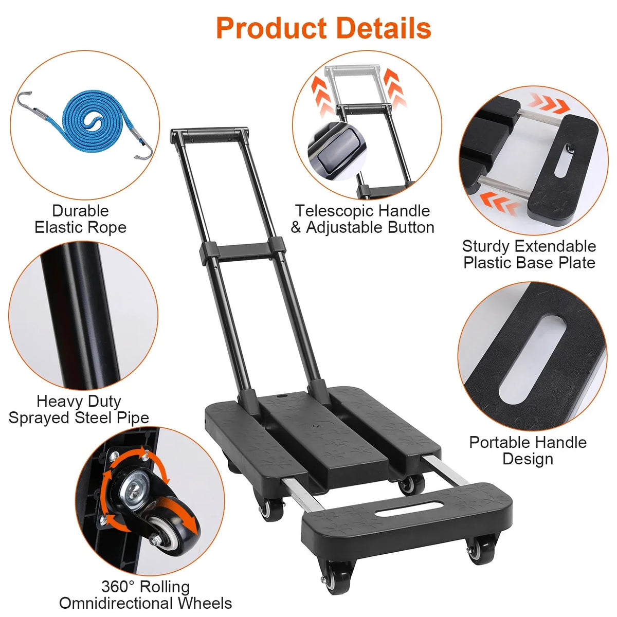 Dolly Cart Platform 165LBS Duty Folding Utility Luggage Cart Hand Heavy Handle 1 Black Truck Ropes iMounTEK Elastic Retractable with Luggage for