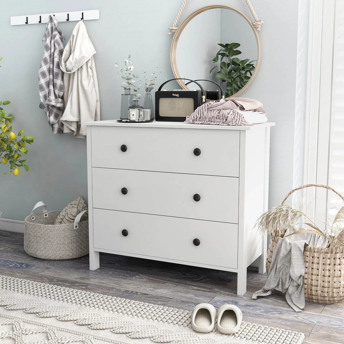 White Youth 34-inch Wide DH Denhour by Dresser BASIC Transitional Marble 3-Drawer Neutral