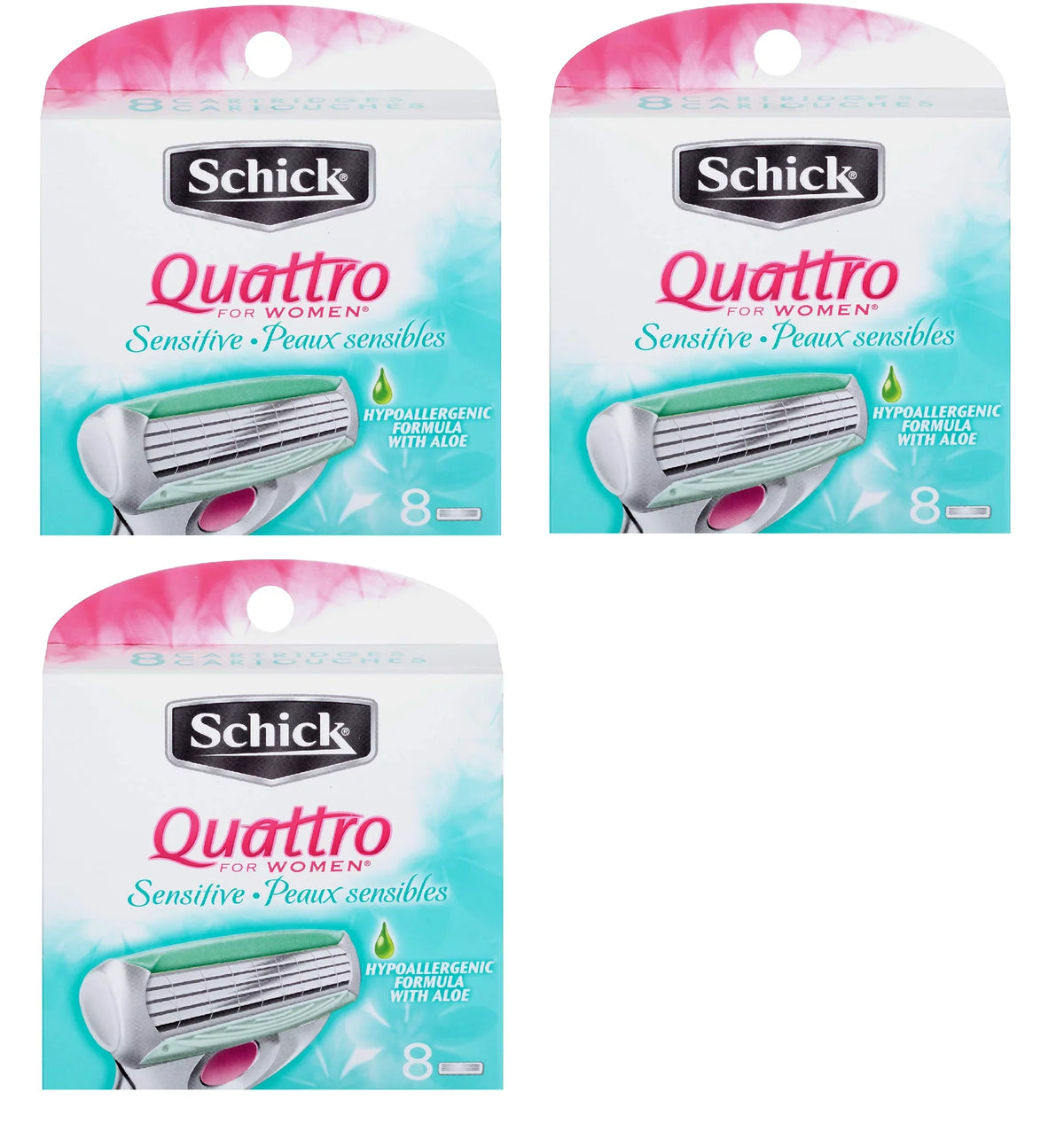 8 of Cartridges, for Women (Pack Blade Schick Sensitive Hypo Aloe Refill 3) Allergenic Quattro Count