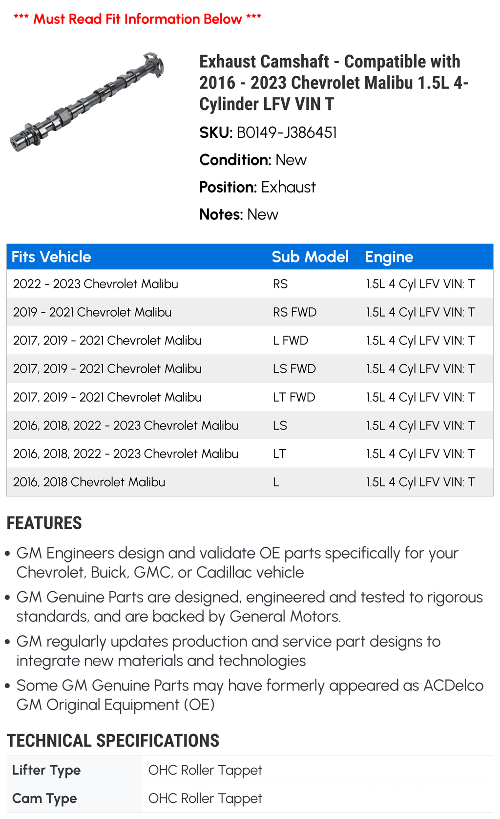 2017 - Camshaft 1.5L with VIN Chevy 2020 Exhaust 4-Cylinder 2016 2018 2019 2022 Compatible - LFV 2023 2021 Malibu T