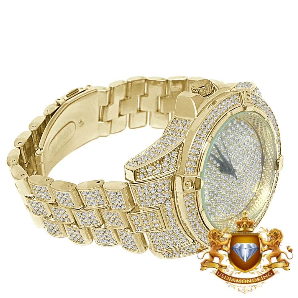 Gold Finish Pave Fully Techno Yellow Diamond Bling Simulated Watch Men's Crystal
