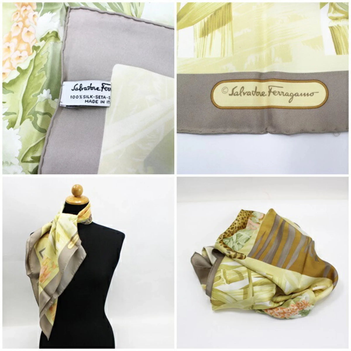 Ferragamo SALVATORE Beige Animal Pattern Muffler (Good) Leopard Scarf Silk Greige Women's x FERRAGAMO Pre-Owned