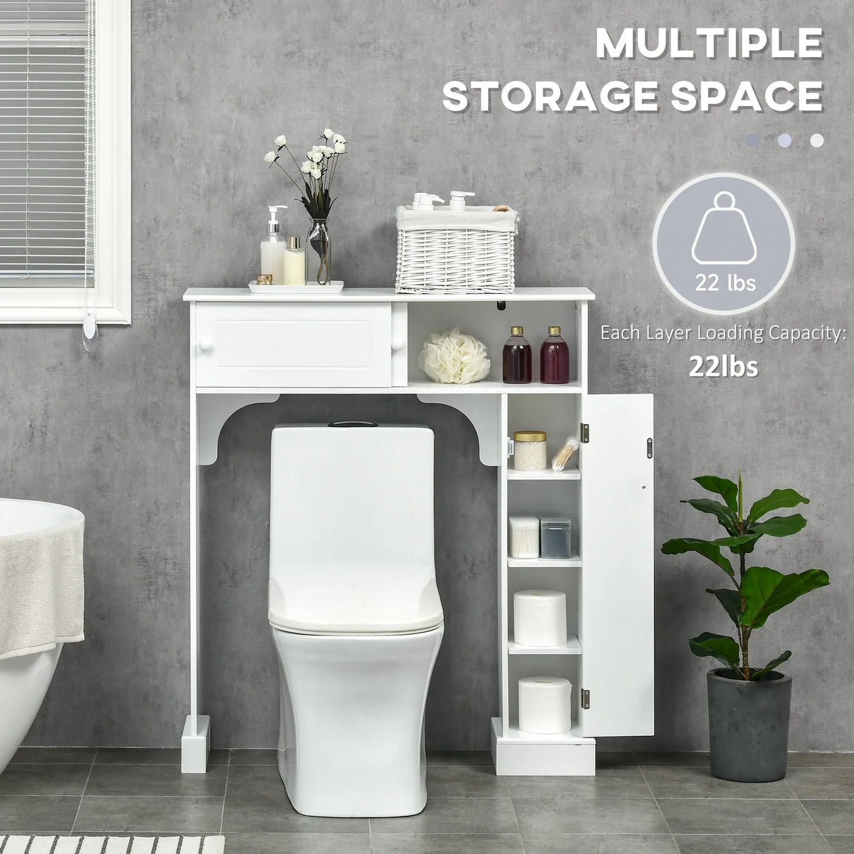 Shelves, Over Storage Toilet Toilet Rack, Organizer Freestanding White kleankin Adjustable Bathroom with the Cabinet, Bathroom