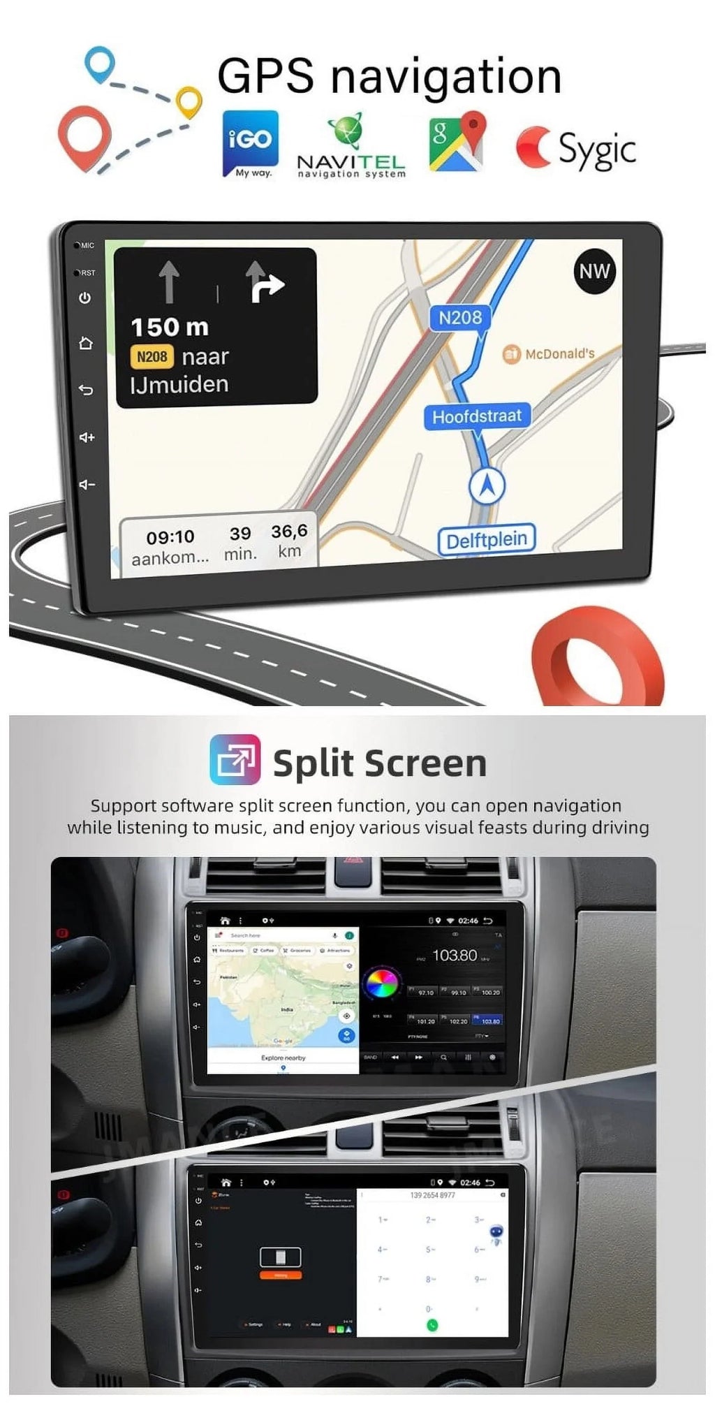 AHD 2+32GB USB FM/RDS Radio Auto GPS Stereo Screen WiFi Android Backup Navigation Receiver Carplay IPS Car Din Android 9" Wireless Double 1280*720 Camera Bluetooth
