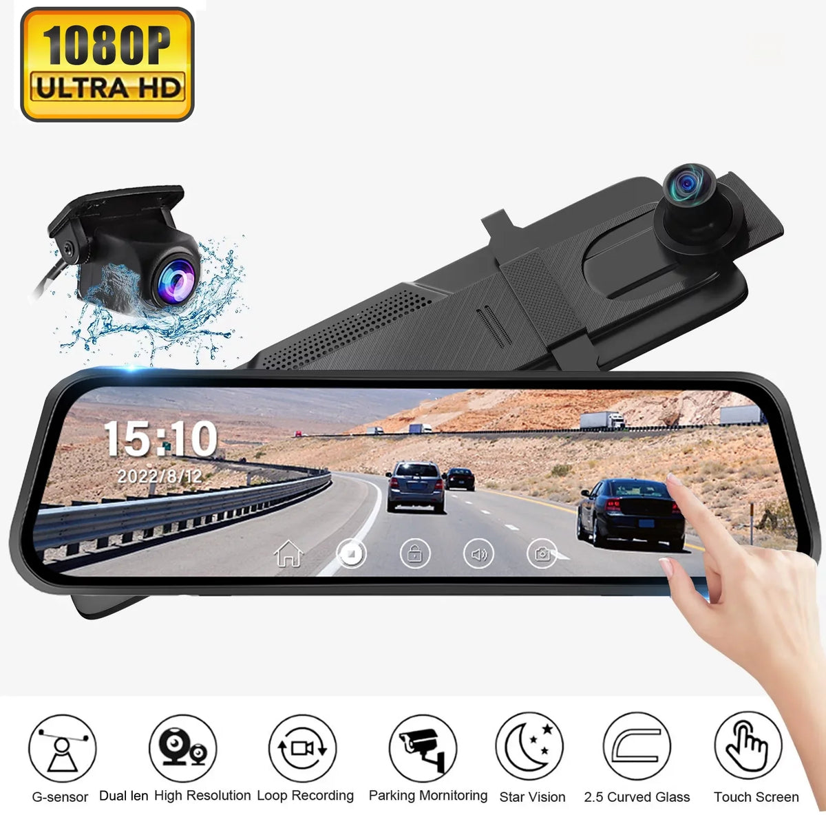 Mirror Vision, Cam WDR Camera, Parking Waterproof FHD Erago Full Moniter Backup Night Screen G-Sensor, , and for Touch Front Rear Rear Camera, 1080p View Dash Car
