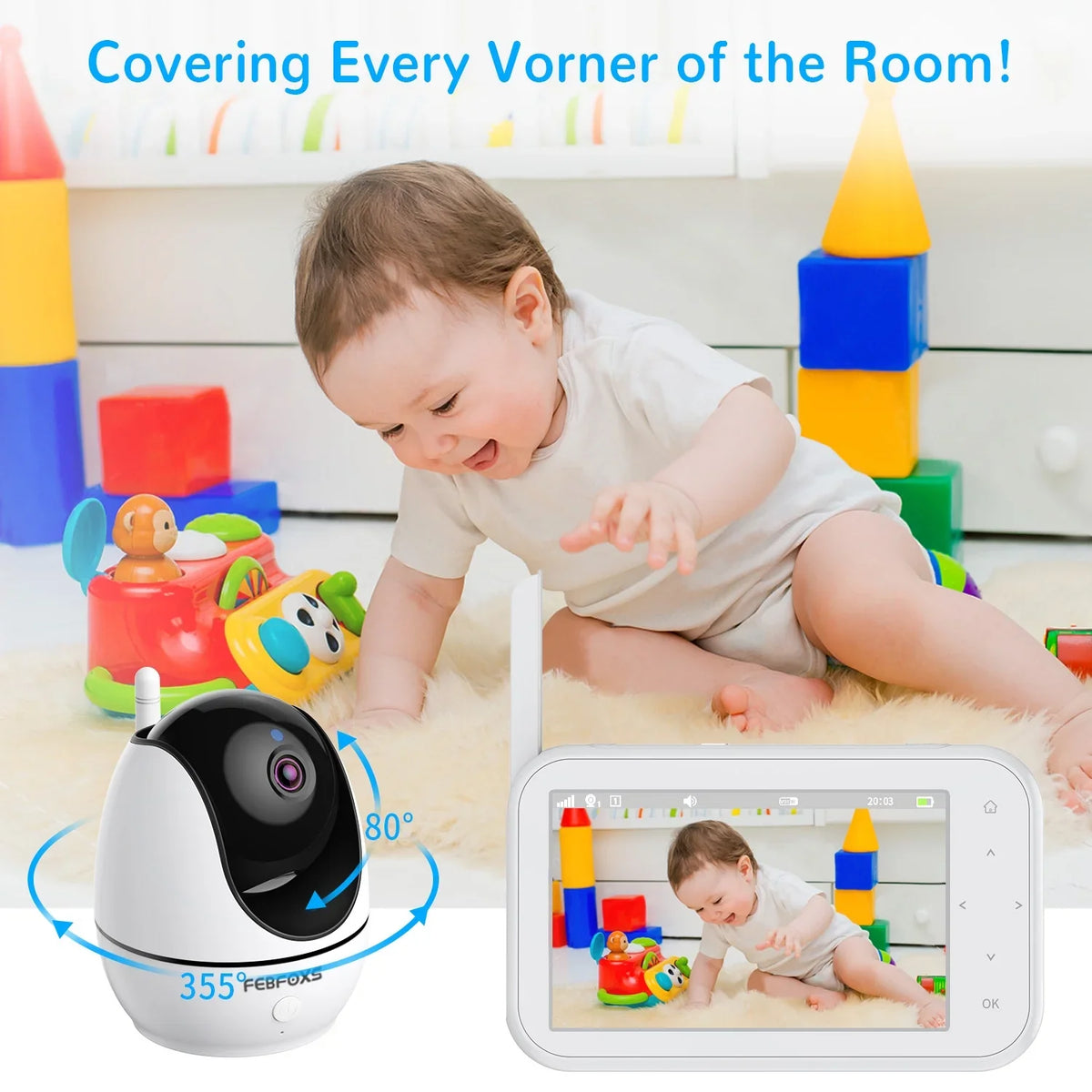 Vision,Tem-Sensor, Auto Camera Talk, 1080P Febfoxs Wifi Baby with & Night Audio, Monitor Screen Pan&Tilt&Zoom, Two-Way No LCD 4.3"