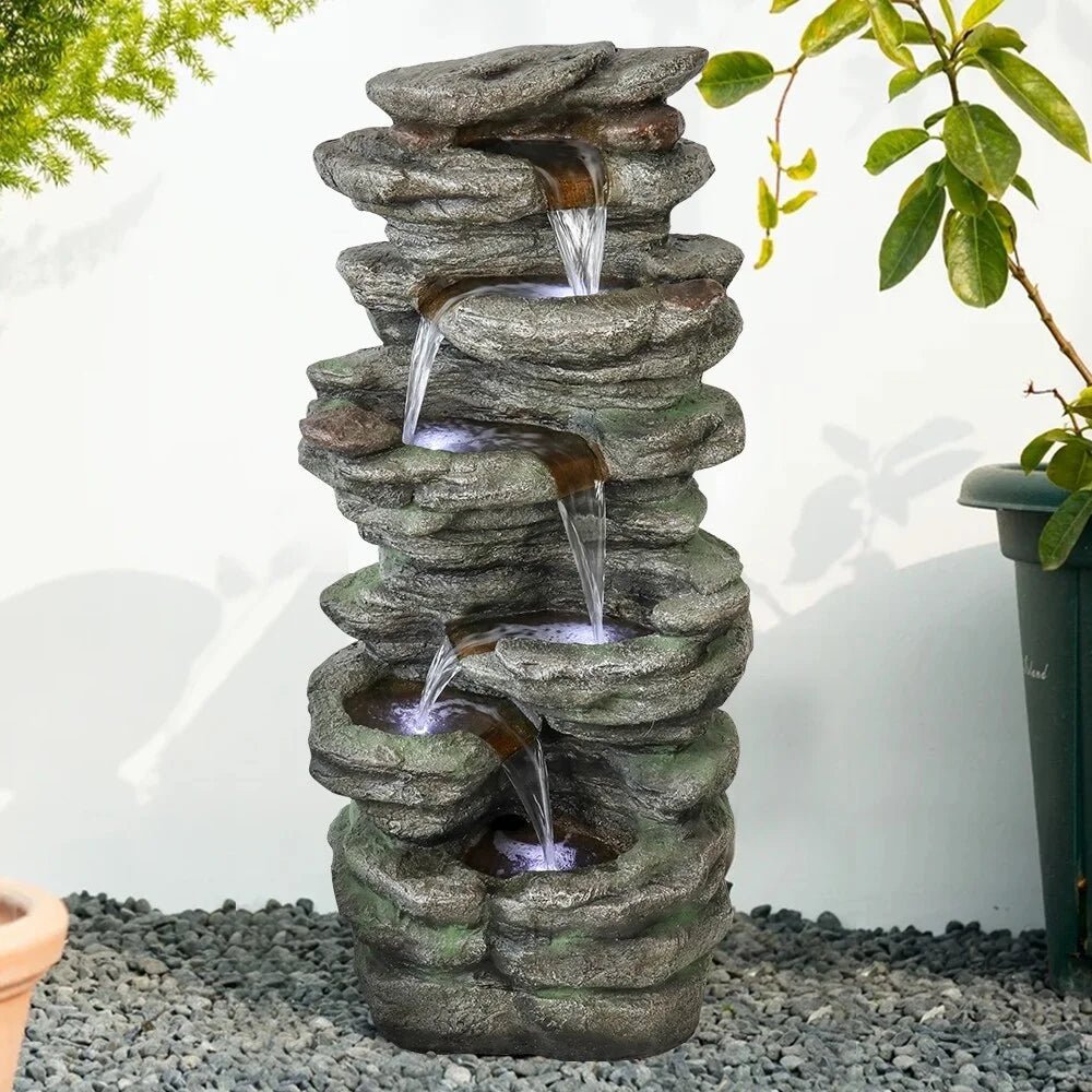 Water Fountain Patio Decor Outdoor 40''H Natural Meedzom Floor for Lighted Garden Polyresin LED Fountain
