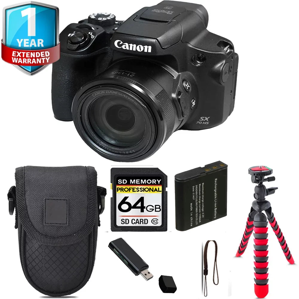 PowerShot Canon + Warranty - 64GB HS 1 Kit Yr Tripod Digital SX70 + Camera