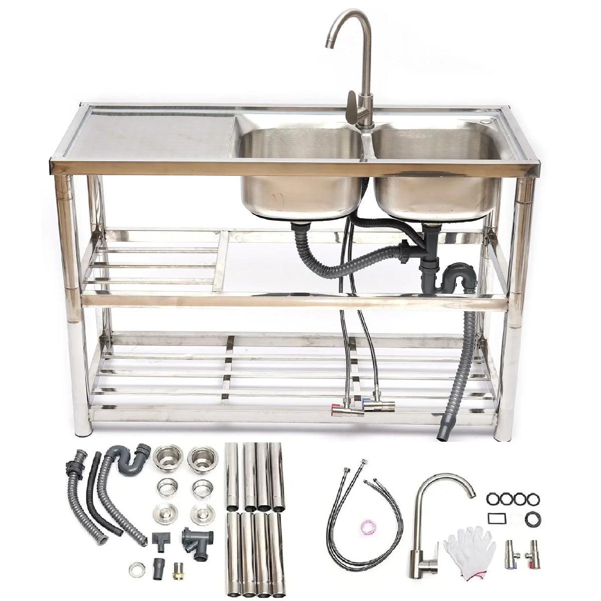 Utility Prep Faucet+2 Compartment Sink Commercial Sink Drainboard Stainless Table+360° Catering 2 Steel Kitchen Loyalheartdy Basin