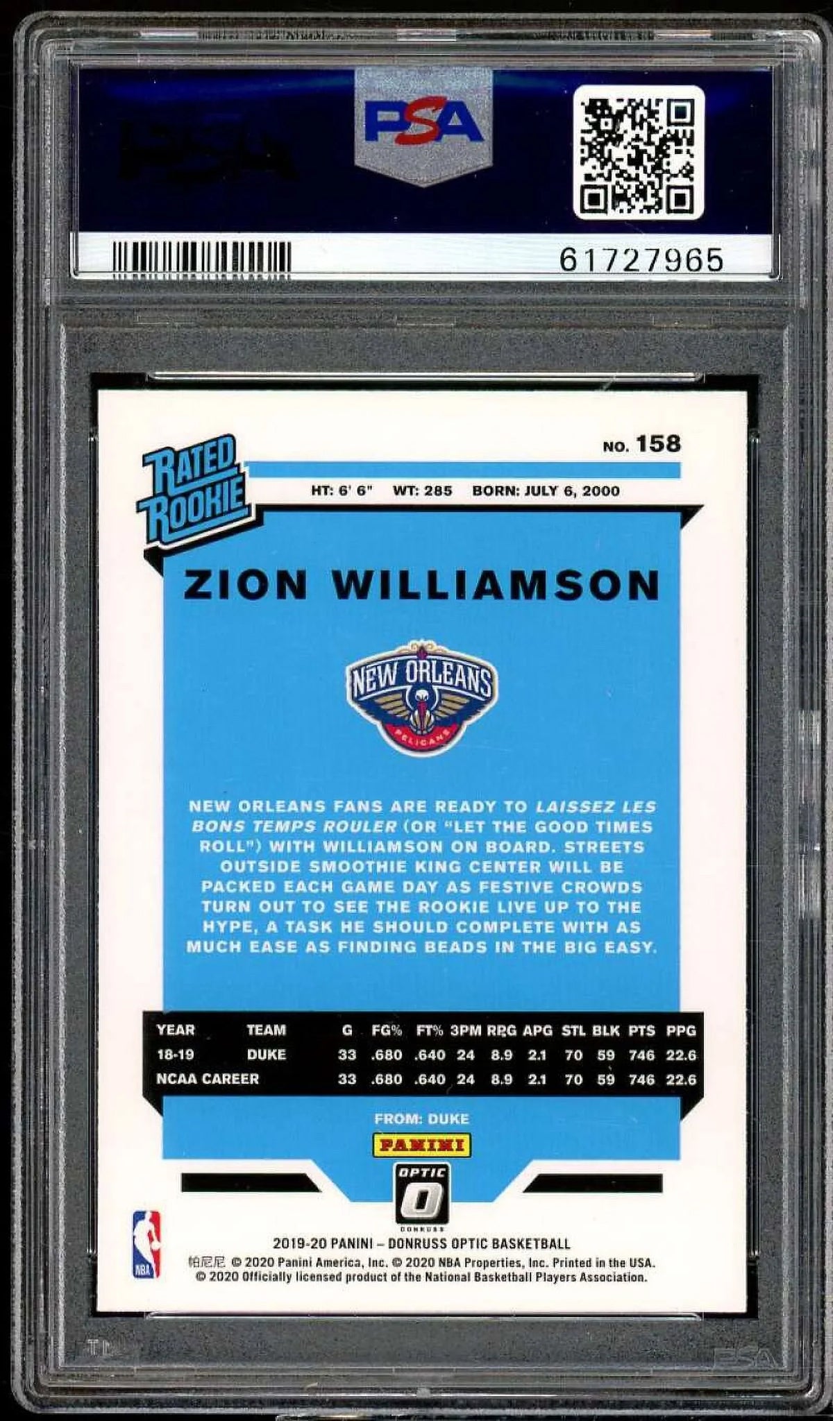 Donruss PSA Panini 10 Card Rookie Optic #158 2019-20 Williamson Zion