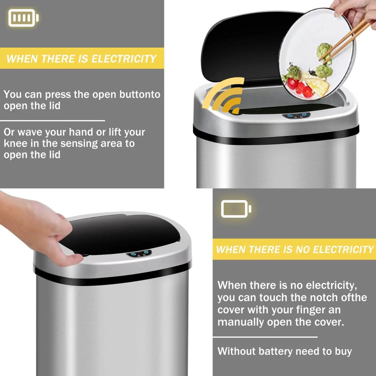 13 Gallon Sensor, & Bin Silver Mute with Lid, Office Motion Garbage Anti-Fingerprint Trash for Stainless Designed NiamVelo Waste Kitchen Can Steel Home, Can with Automatic Touch-Free