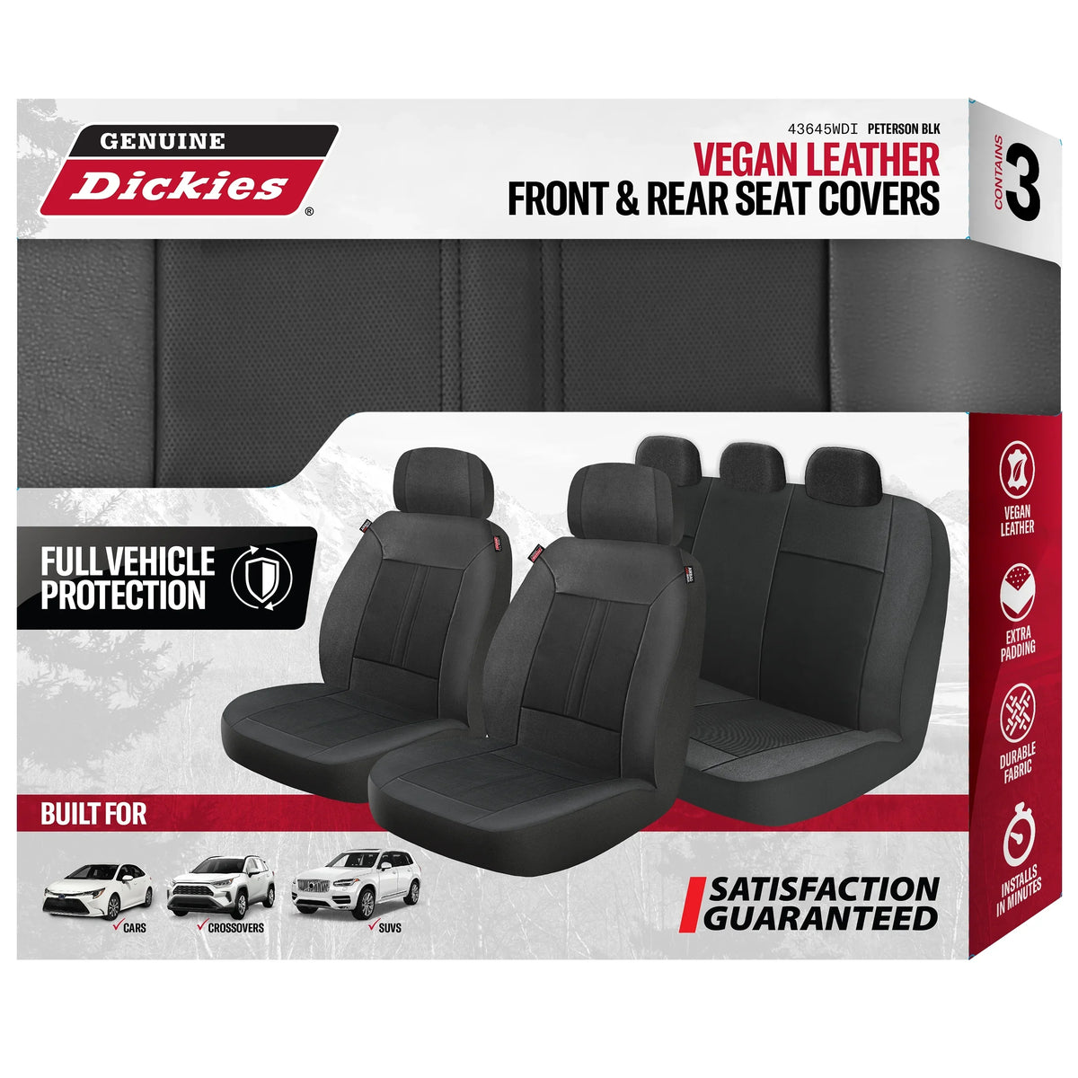 43645WDI 3-Piece Black Covers, Car Dickies Petersen Seat Leather Vegan Genuine