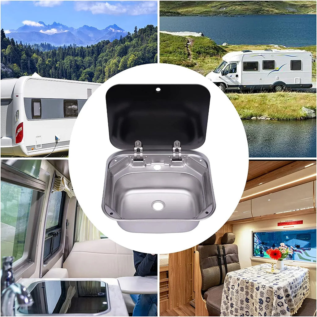 RV Kitchen Hand Lid Hand Sink Outdoor For Wash Kitchen Miumaeov Tempered RV Stainless Caravan, With Glass Basin Single Camper Sink Basin Steel Wash Bowl And Sink