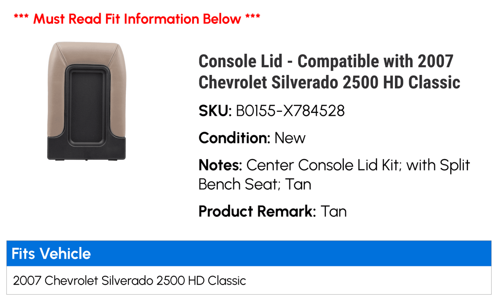 with Silverado Compatible - 2500 HD Console Classic Chevy Lid 2007
