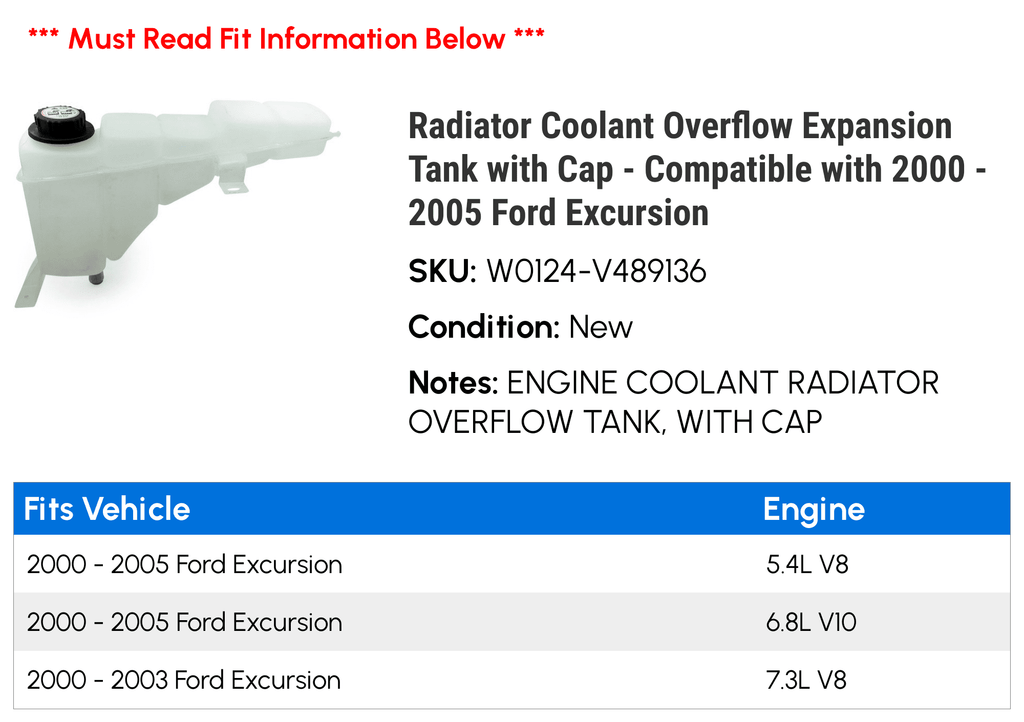 Ford Expansion 1999 2000 Coolant Cap 2002 Radiator Tank - F-450 - 2001 Super Overflow with with Duty 2003 Compatible 2004