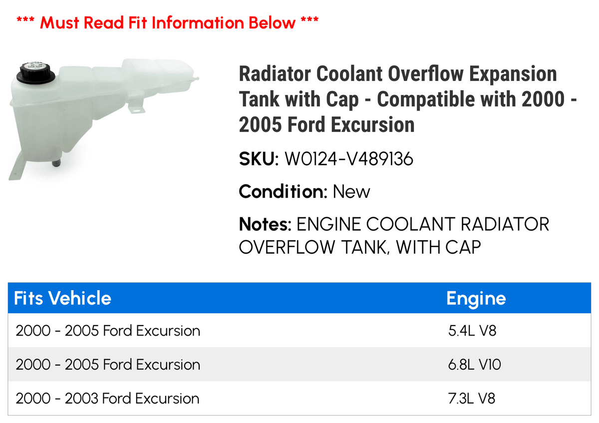 Ford Expansion 1999 2000 Coolant Cap 2002 Radiator Tank - F-450 - 2001 Super Overflow with with Duty 2003 Compatible 2004