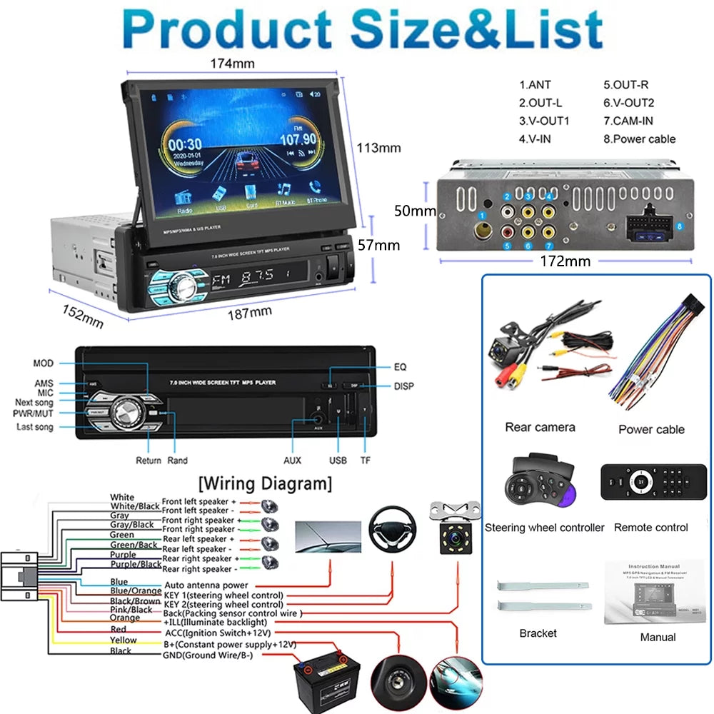 Single FM 7" Backup Carplay Touchscreen Bluetooth Player Radio HD DIN Car Apple Video Function, Retractable Podofo Universal 12 Auto Android Link 1 Camera LED Auto Mirror with Stereo