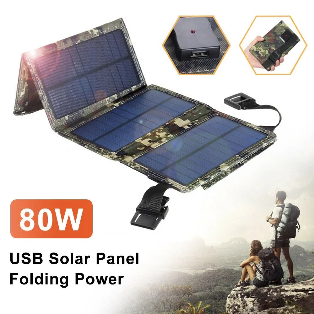 Panel Outdoor Bank Charger Solar Power Paddsun Phone 80W Camping Folding USA Hiking USB