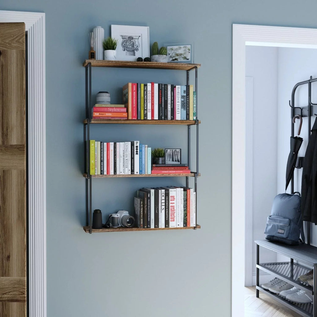 Porto Farmhouse Wood Natural Burned Organizer, 4-Tier for Laundry Shelves Kitchen Bookcases Storage Wallniture Wall Rustic Floating