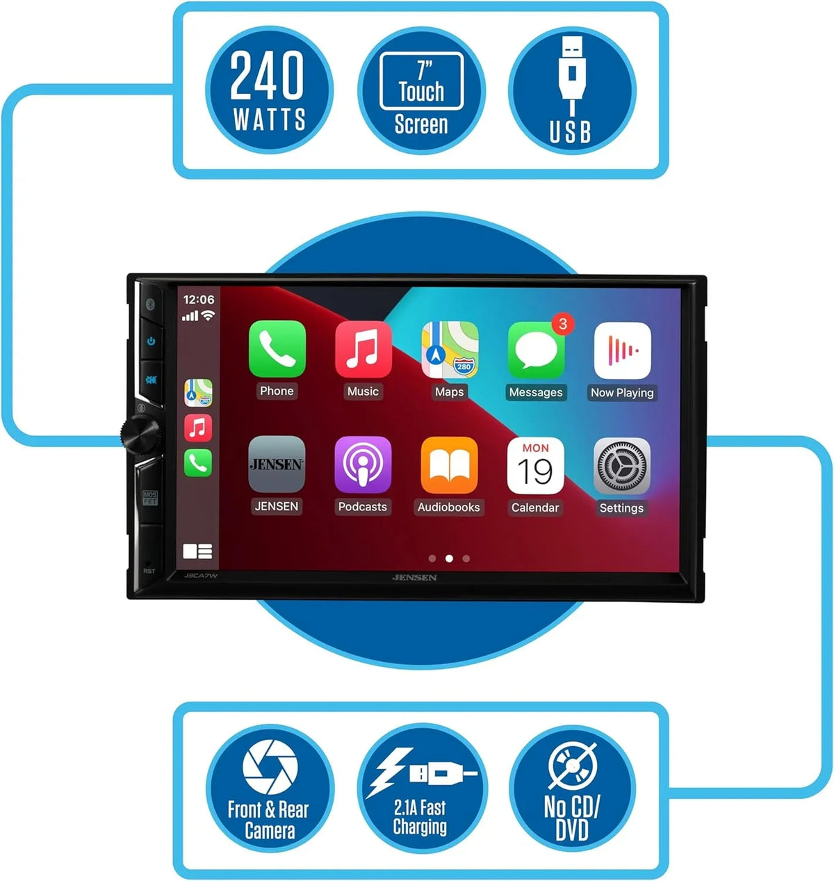 DIN Double Radio, Stereo Apple Jensen Android 7-inch Wireless, J3CA7W New CarPlay Car or Certified Wired Auto,