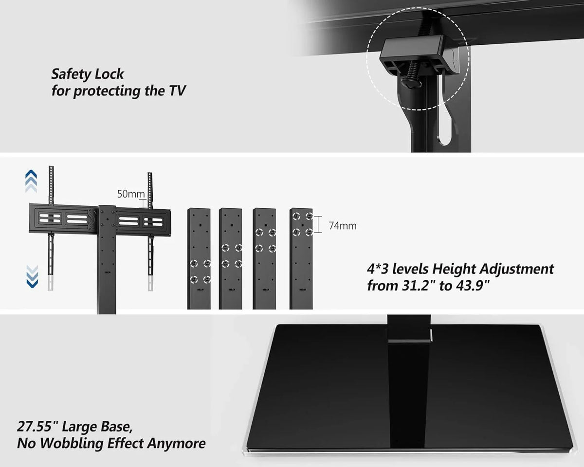 up with 50 Base TV Adjustable Universal Flat Tabletop Swivel Height 143 Stand Degree 100 TV 4 85 Tempered Mount Level TV inch for Holds Stand/Base Swivel Glass to to lb Screen HBBOOMLIFE