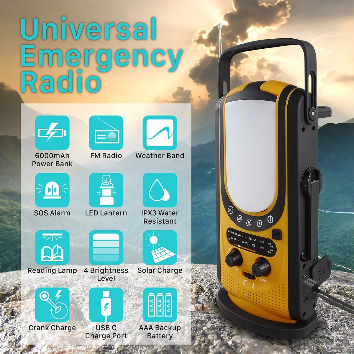 Outdoors & Emergency Charging, FosPower Light, Reading Charger A7) SOS (Model Alert, for Alarm 6,000mAh & Weather Power Hand Solar Weather Camping Bank with Lantern Crank & FM/NOAA Radio