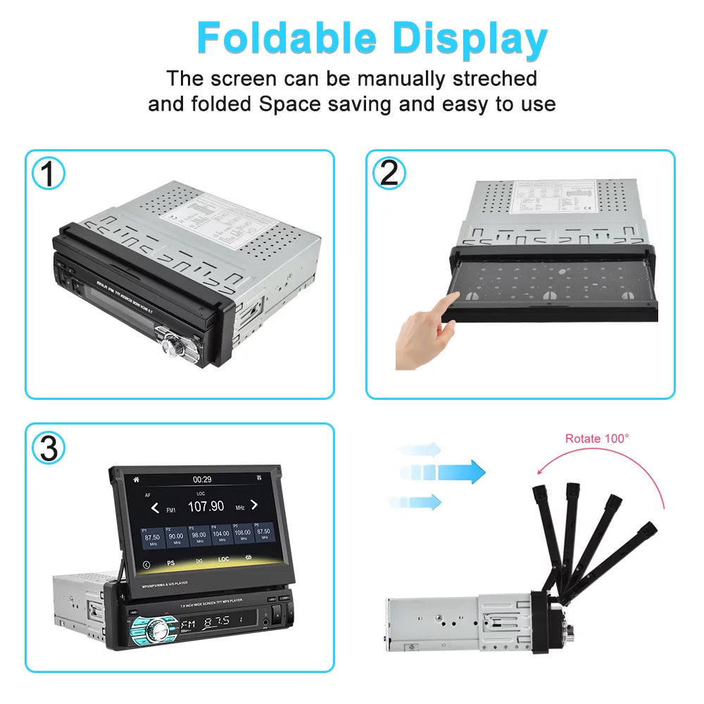 Single FM 7" Backup Carplay Touchscreen Bluetooth Player Radio HD DIN Car Apple Video Function, Retractable Podofo Universal 12 Auto Android Link 1 Camera LED Auto Mirror with Stereo